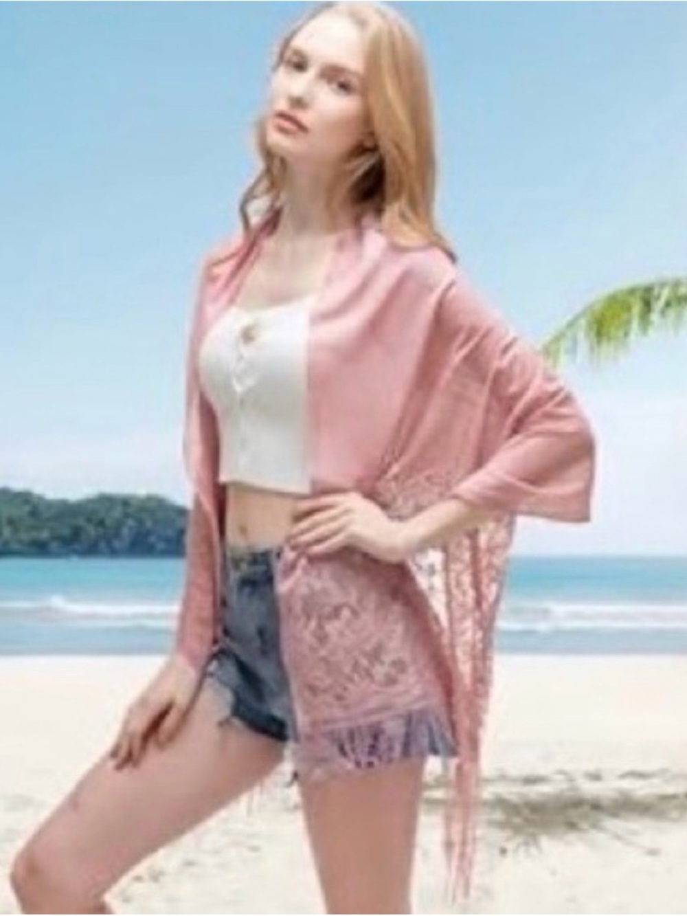 Delicate Pink Lace Fringe Pashmina Wrap Shawl